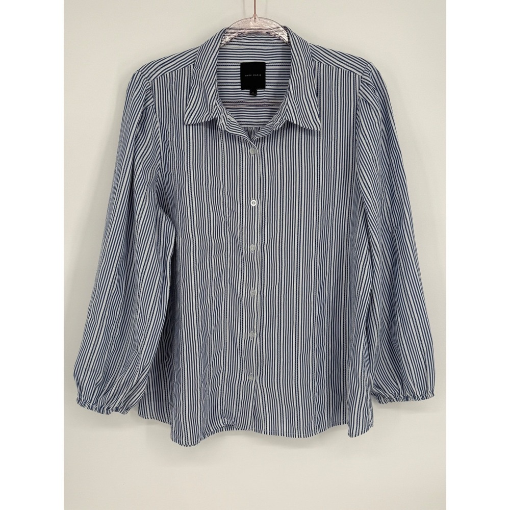 Alex Marie Womens Top L Blue White Striped Long Sleeve Button Down Blouse Shirt‎
